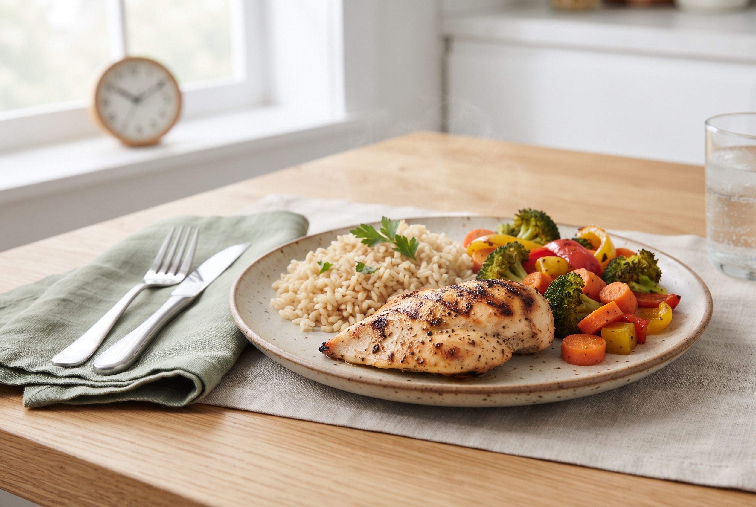 Dengeli ve düzenli öğünler: küçük tabakta sebze, protein ve tam tahıl
