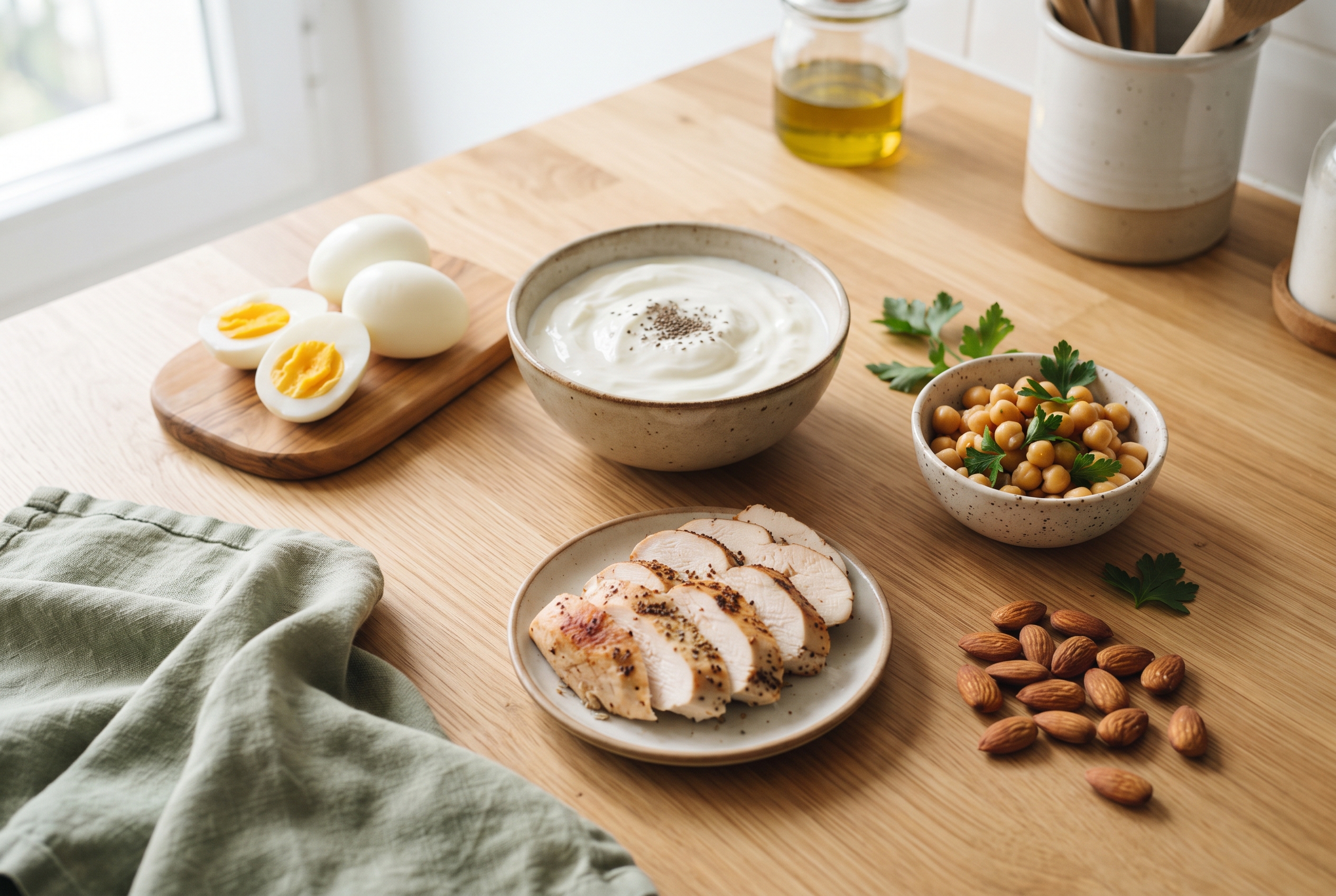 Protein açısından zengin besinler: yumurta, yoğurt, tavuk ve baklagiller